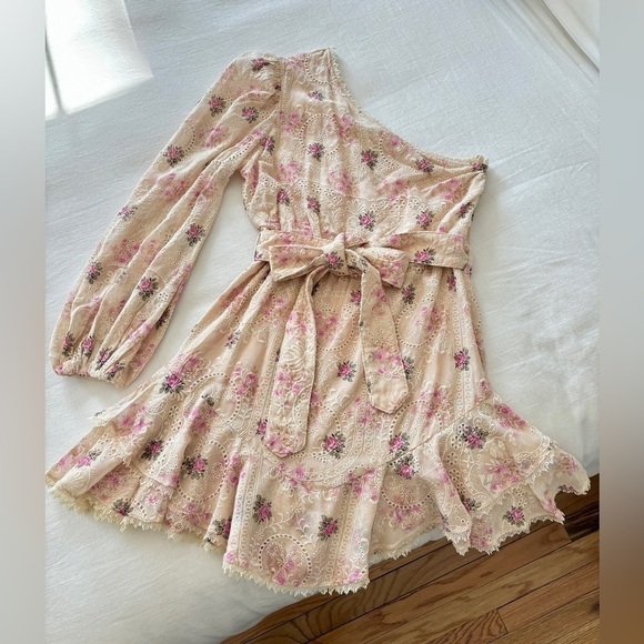 NWT Hemant & Nandita One Shoulder Ivory & Pink Embroidered Mini Dress, Large - Picture 6 of 9